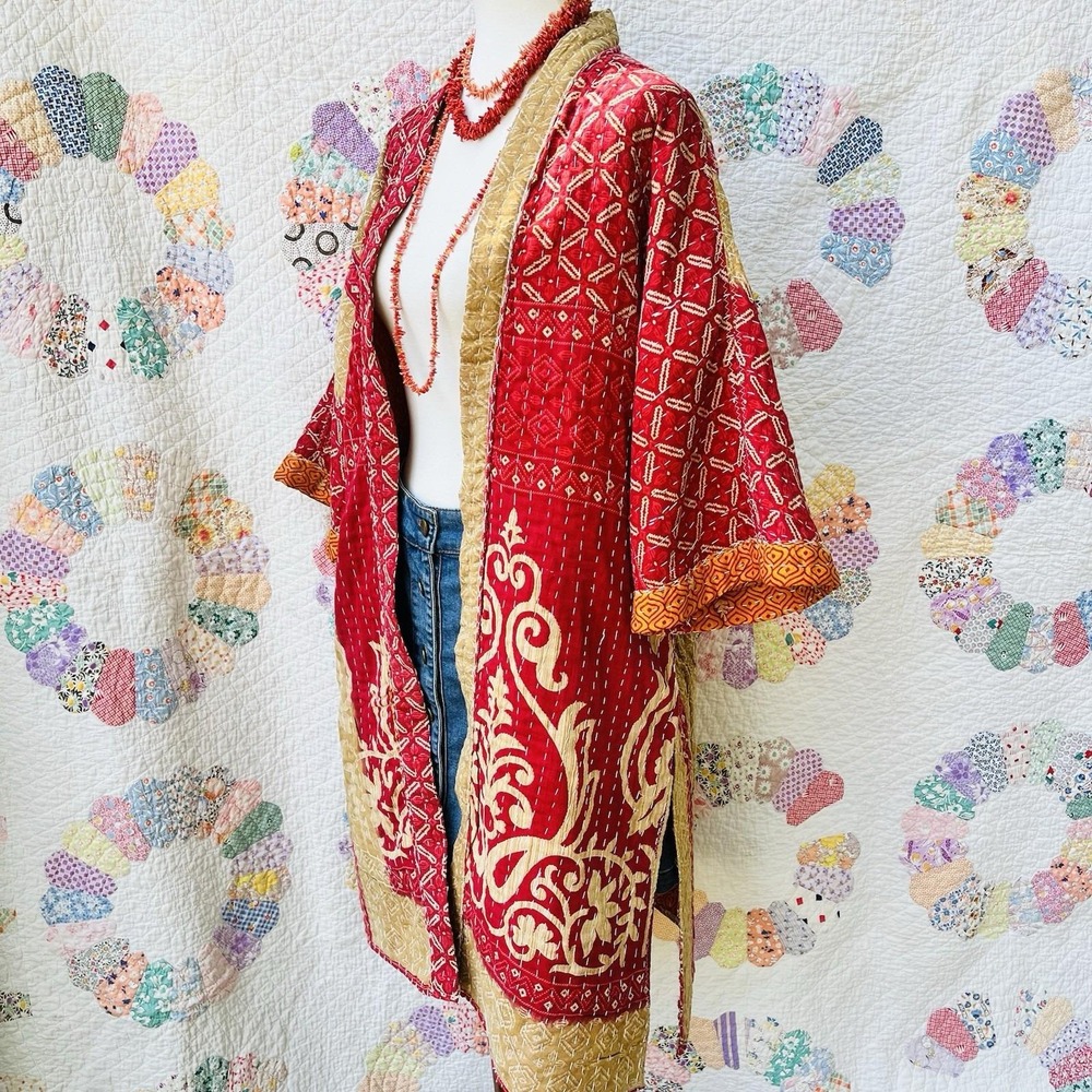 Upcycled Vintage Boho Handmade Rose Kantha Quilt Kimono Duster Jacket One Size